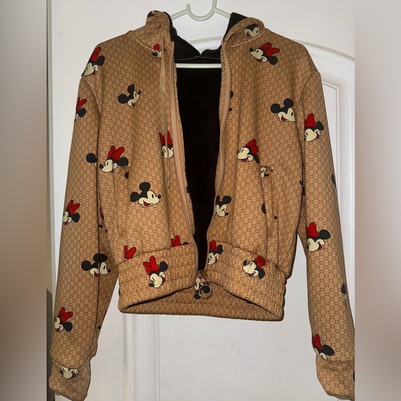 Disney inspired Tan zip up hoodie Jacket w/ vintage Mickey & Minnie Mouse print - Picture 1 of 3